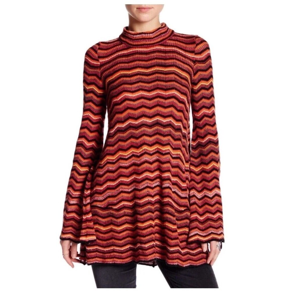 Free People Zig-Zag Knit Sweater Tunic Or Mini Dress Multi Color Size Medium M